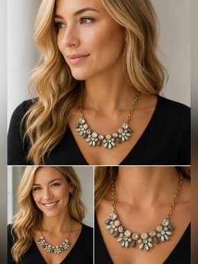 J. Crew gray taupe light green clear jewelled statement necklace